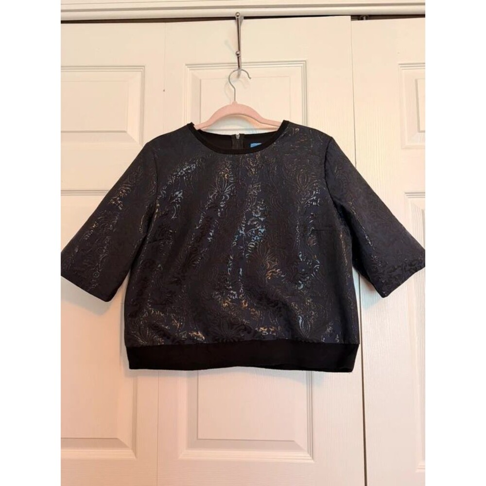 Work Jacquard Metallic Black blouse L Short Sleeve Lined Office Top Simply Vera